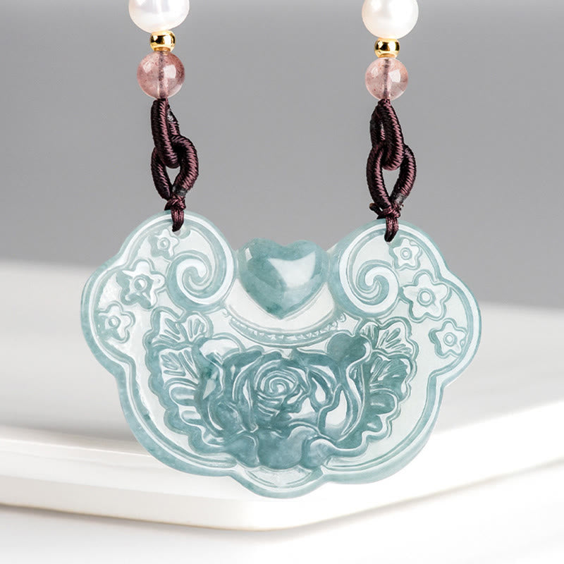 Nimara Ritual Natural Jade Peony Flower Lock of Good Wishes Prosperity Necklace Pendant
