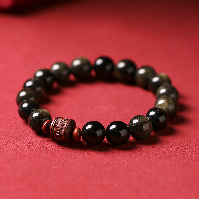 Nimara Ritual Natural Gold Sheen Obsidian Rainbow Obsidian Om Mani Padme Hum Fu Character Healing Bracelet