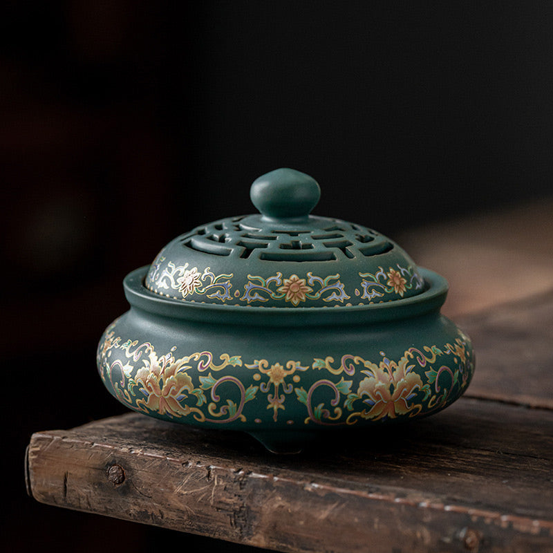 Nimara Ritual Dragon Floral Pattern Backflow Smoke Fountain Ceramic Meditation Incense Burner Decoration