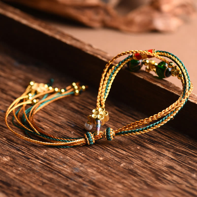 Nimara Ritual Tibetan Handmade Rope Liuli Glass Bead Braided Multilayered Healing Bracelet