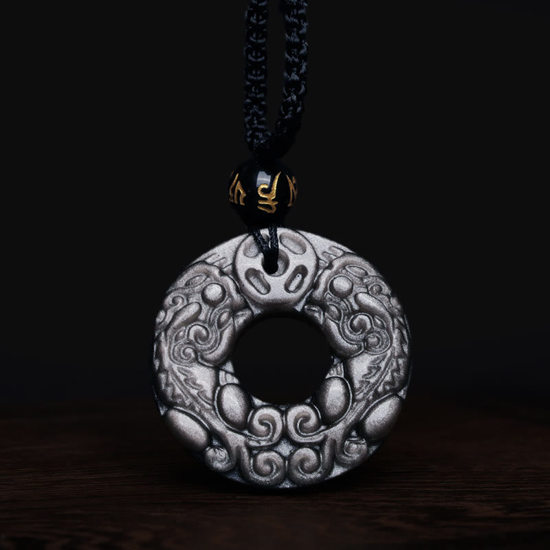 Nimara Ritual Natural Silver Sheen Obsidian Double PiXiu Copper Coin Peace Buckle Protection Necklace Pendant