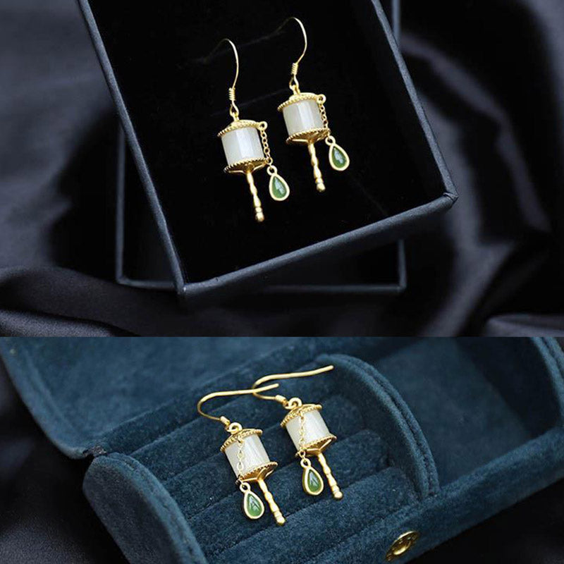 Nimara Ritual 925 Sterling Silver Jade Prayer Wheel Luck Drop Earrings