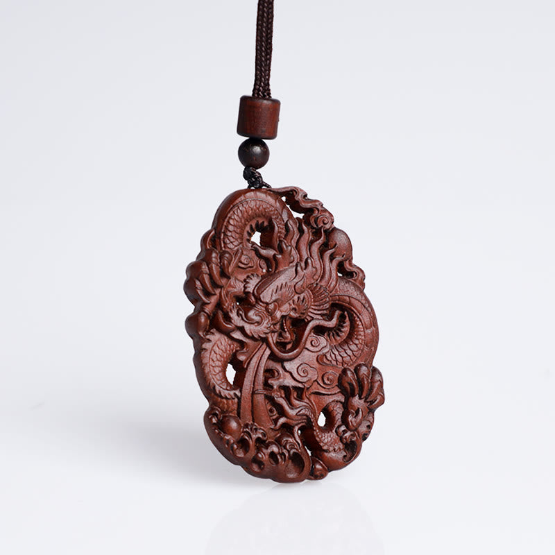 Nimara Ritual Lightning Struck Jujube Wood Double Dragon Relief Ward Off Evil Spirits Necklace Pendant
