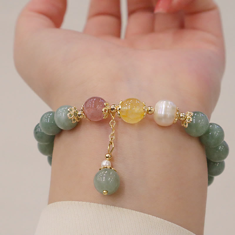 Nimara Ritual Jade Pearl Strawberry Quartz Abundance Luck Bead Charm Bracelet