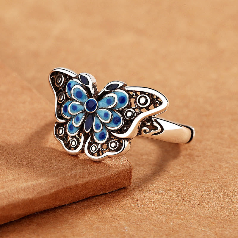Nimara Ritual Hollow Enamel Blue Butterfly Pattern Love Ring