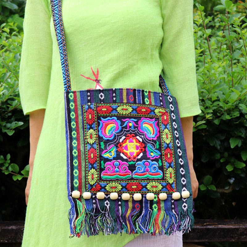 Nimara Ritual Tibetan Handmade Embroidered Camellia Canvas Shoulder Bag Crossbody Bag