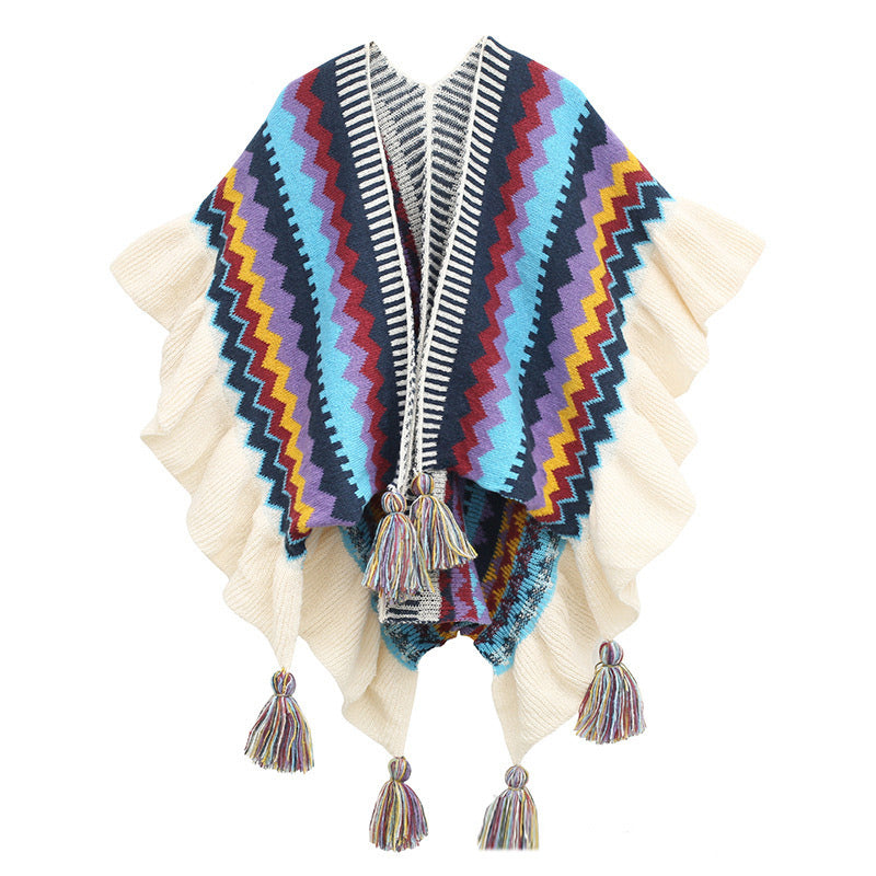 Nimara Ritual Tibetan Shawl Colorful Striped Wavy Line Tassels Winter Cozy Travel Scarf Wrap
