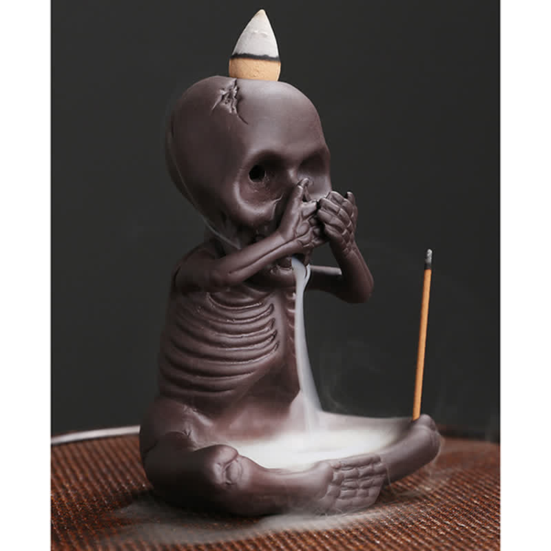Nimara Ritual Little Skull Ghost Purple Clay Backflow Smoke Fountain Peace Incense Burner Decoration