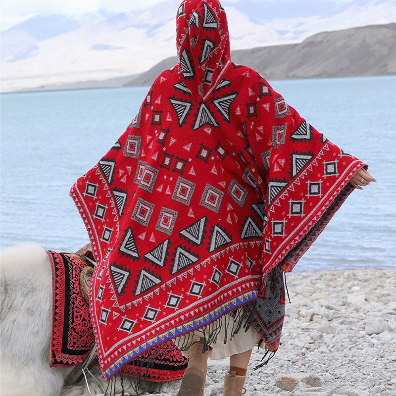 Nimara Ritual Tibetan Shawl Triangle Pattern Hooded Cloak Winter Cozy Travel Scarf Wrap