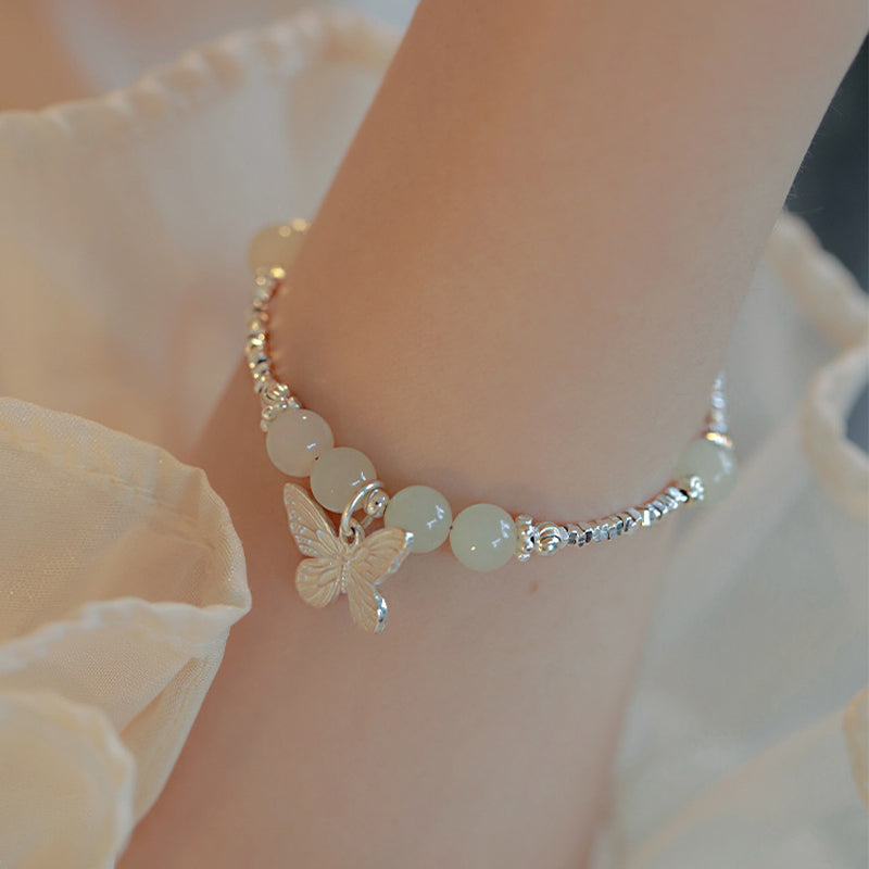 Nimara Ritual 925 Sterling Silver Natural Hetian Jade Luck Butterfly Charm Bracelet