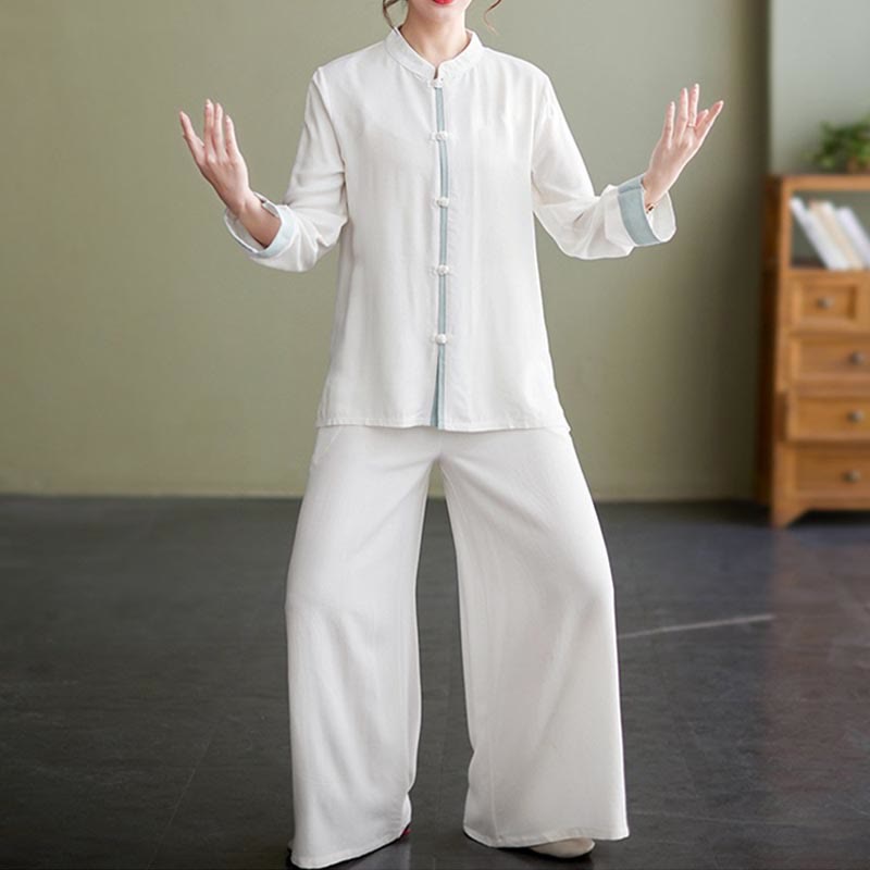 Nimara Ritual 2Pcs Tang Suit Long Sleeve Shirt Top Pants Meditation Zen Tai Chi Cotton Linen Clothing Women's Set