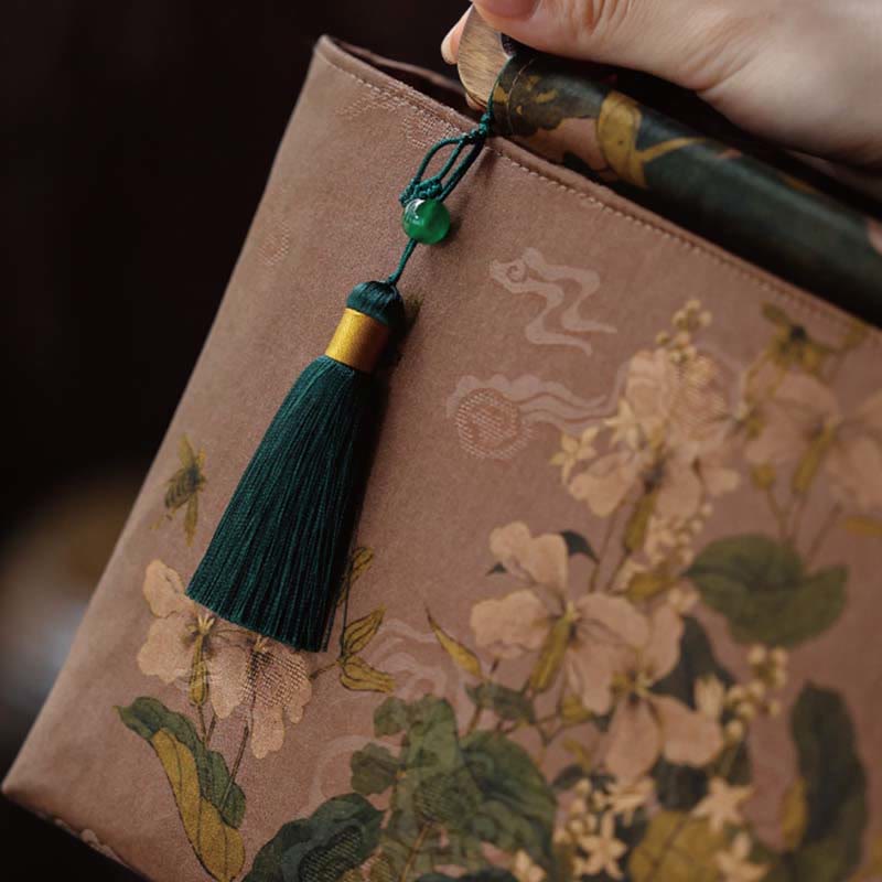Nimara Ritual Vintage Brown Flowers Green Bamboo Leaves Wood Handles Zipper Handbag
