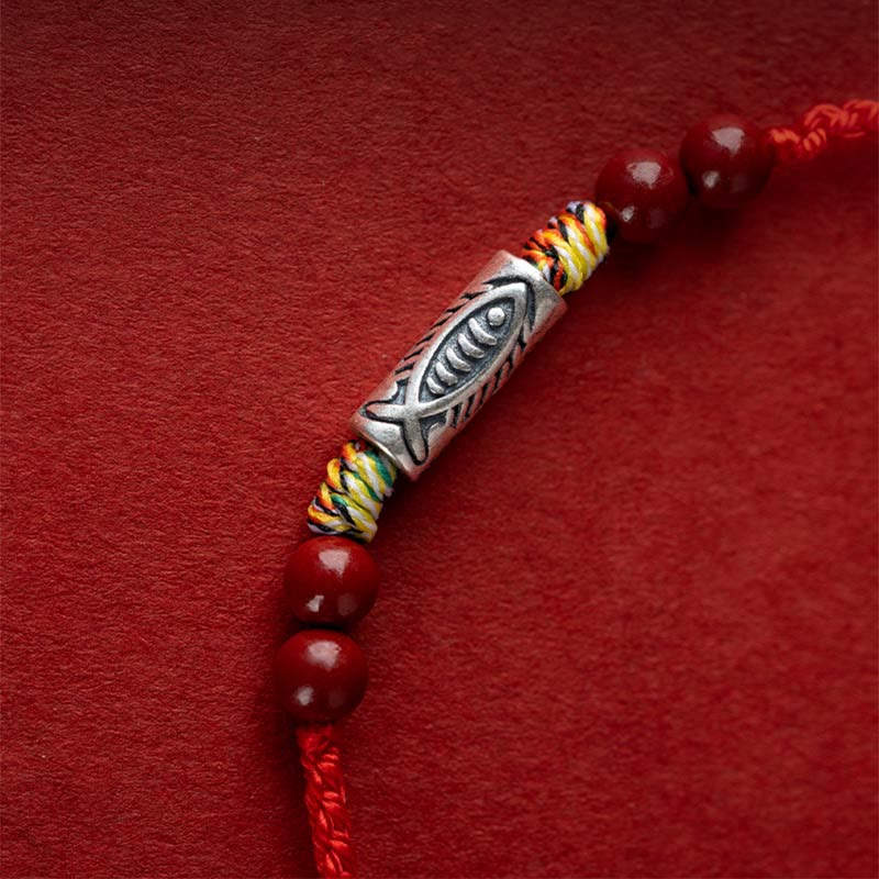 Nimara Ritual 925 Sterling Silver Koi Fish Cinnabar Bead Wealth Handcrafted Braided Bracelet Anklet