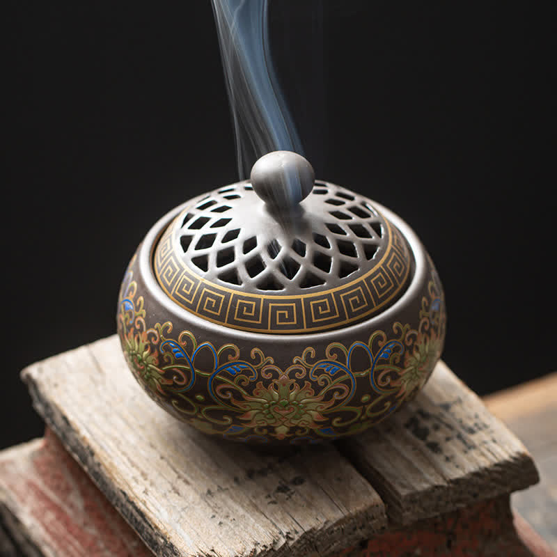 Nimara Ritual Tibetan Floral Pattern Ceramic Blessing Incense Burner Decoration