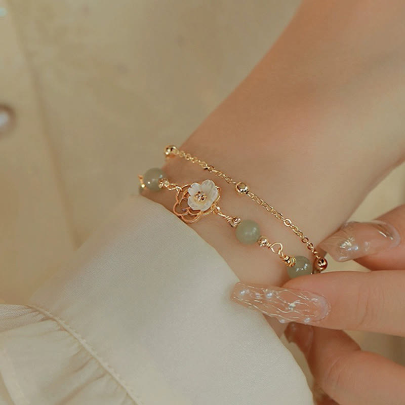 Nimara Ritual 14K Gold Plated Jade Butterfly Tridacna Stone Flower Double Layer Luck Bracelet