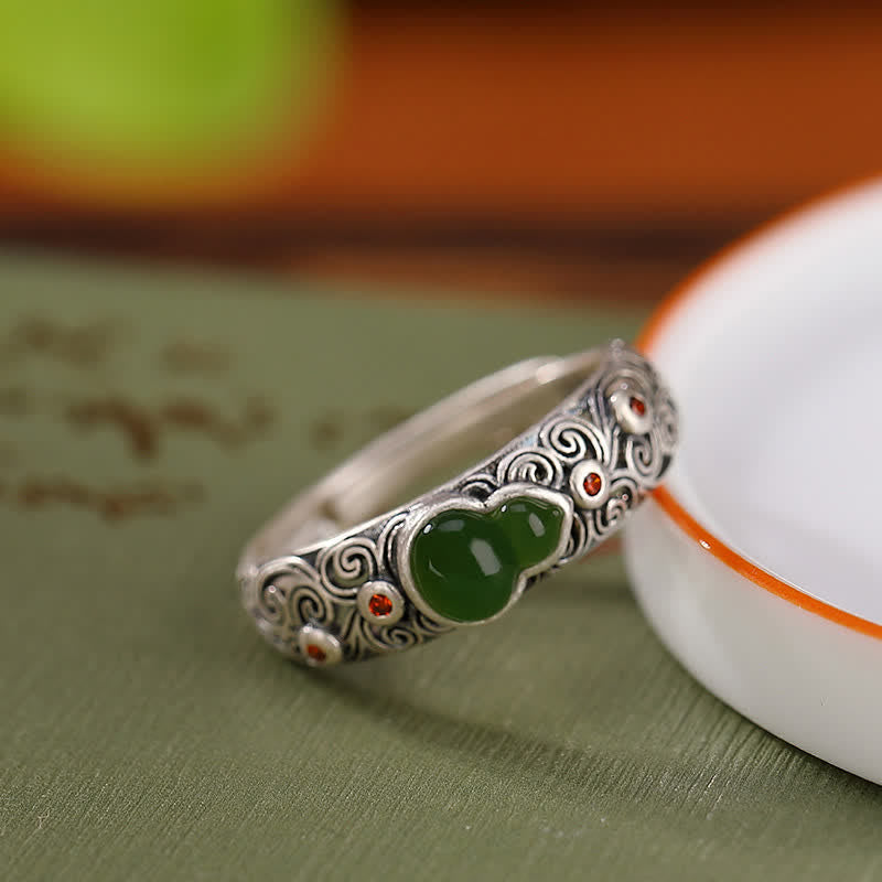 Nimara Ritual 925 Sterling Silver Red Agate Cyan Jade Gourd Blessing Auspicious Ring
