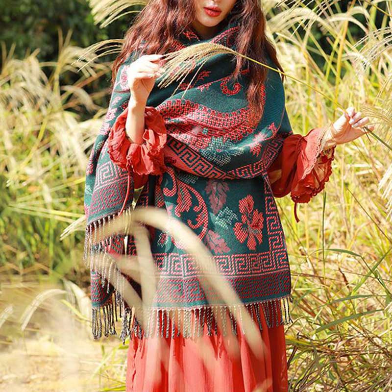 Nimara Ritual Tibetan Flowers Leaves Pattern Design Shawl Cozy Travel Scarf Wrap