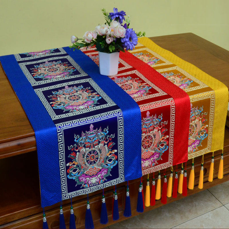 Nimara Ritual Prayer Altar Mat Man-Bcu Kalachakra Endless Knot Vajra Tibetan Auspicious Symbols Tassels Table Runner