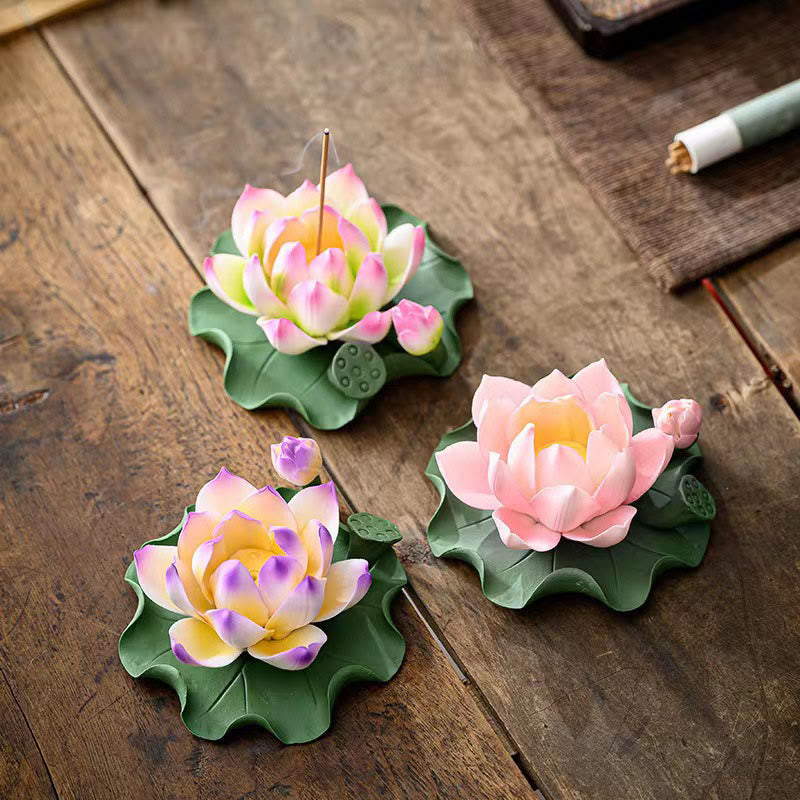 Nimara Ritual Lotus Flower Leaf Pod Spiritual Healing Ceramic Stick Incense Burner Decoration