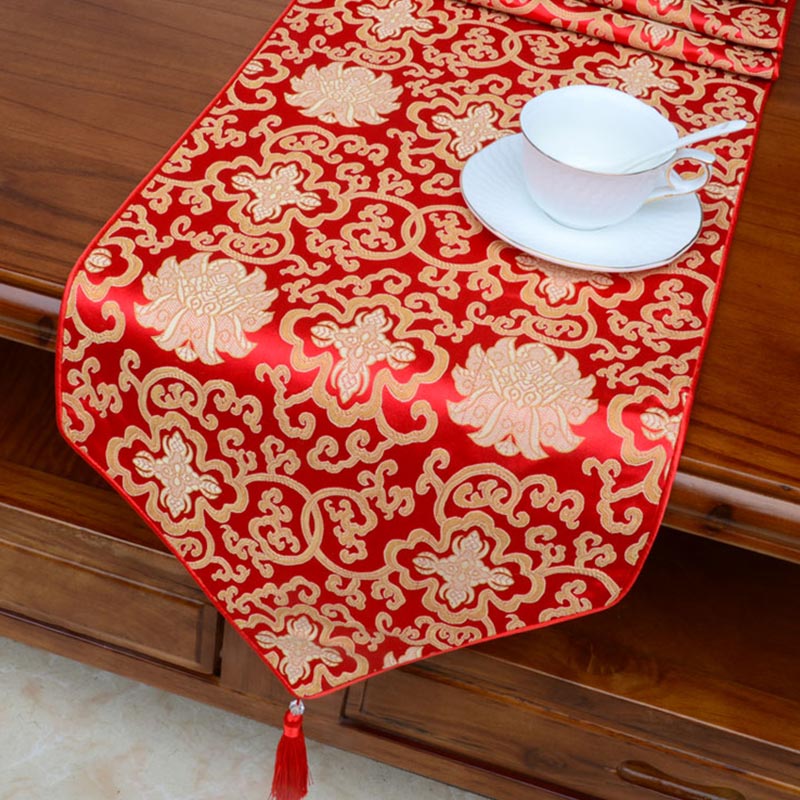 Nimara Ritual Prayer Altar Flower Vajra Dragon Pattern Tibetan Auspicious Symbols Tassels Jacquard Table Runner