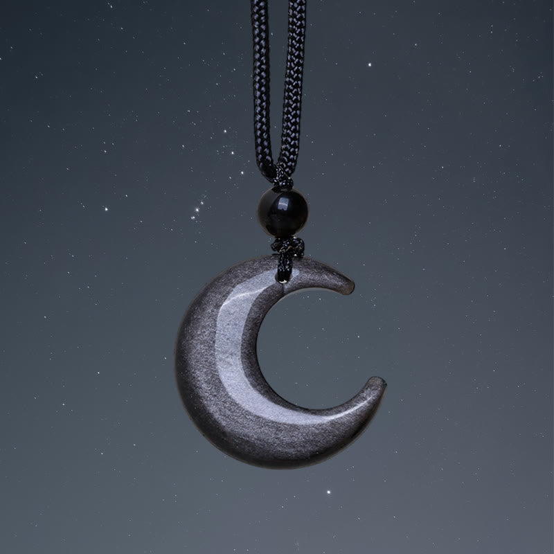 Nimara Ritual Natural Silver Sheen Obsidian Selenite Crystal Crescent Moon Yin Yang Couple Protection Necklace Pendant