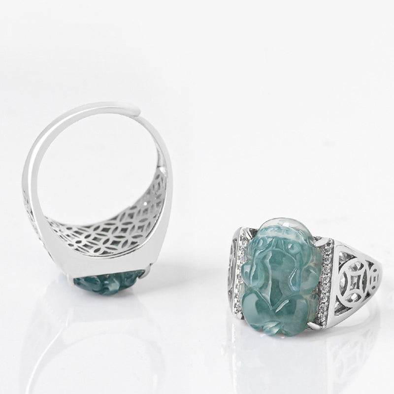 Nimara Ritual 925 Sterling Silver Fengshui Wealth Prosperity Jade PiXiu Luck Ring