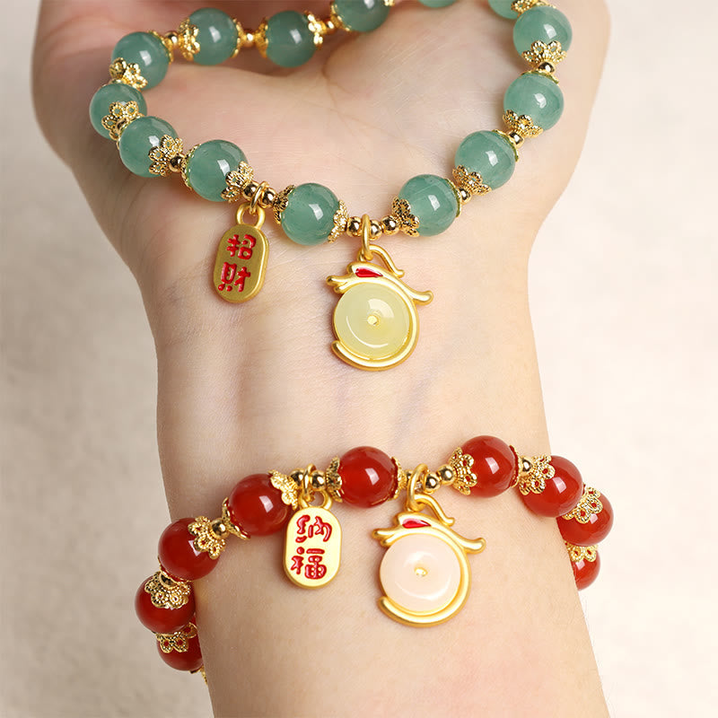 Nimara Ritual Year of the Dragon Red Agate Green Aventurine Peace Buckle Fu Character Lucky Fortune Bracelet
