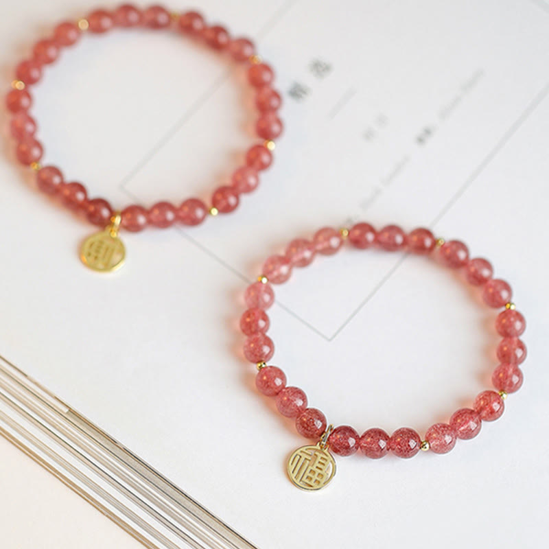 Nimara Ritual 14K Gold Plated Strawberry Quartz Fu Character Healing Charm Bracelet