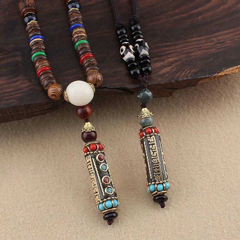 Nimara Ritual Tibetan Om Mani Padme Hum Dzi Bead Wenge Wood Necklace Pendant