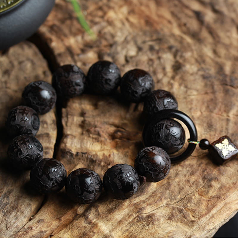 Nimara Ritual Ebony Wood Chinese Character Yin Yang Engraved Gourd Balance Bracelet
