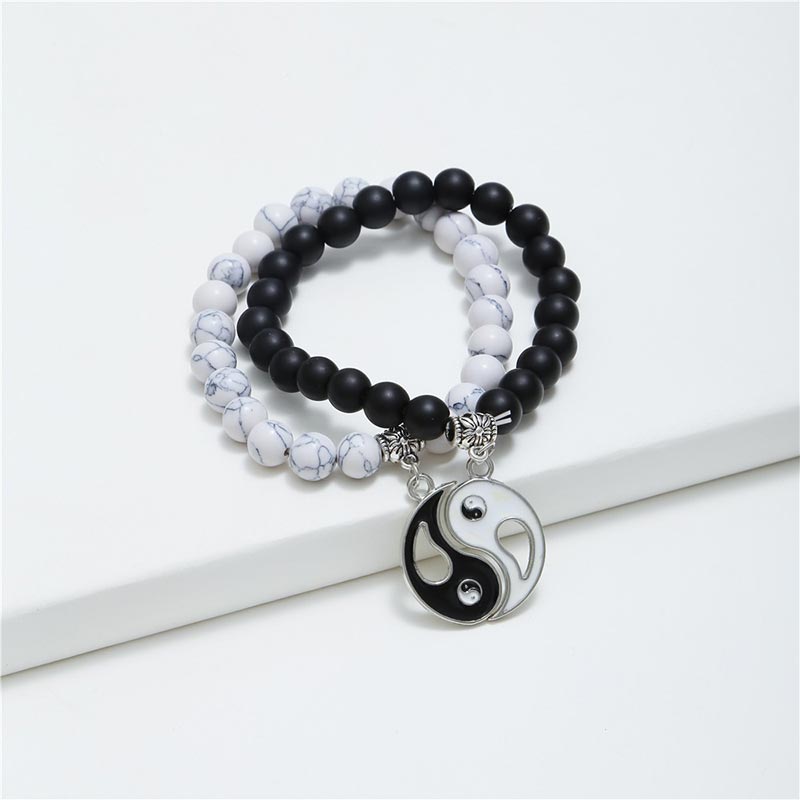 Nimara Ritual 2pcs Natural Black Onyx White Turquoise Bead Yin Yang Couple Bracelet