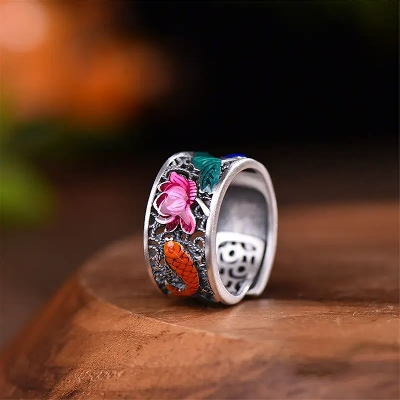 Nimara Ritual Copper Blue Enamel Lotus Heart Sutra Koi Fish Luck Ring