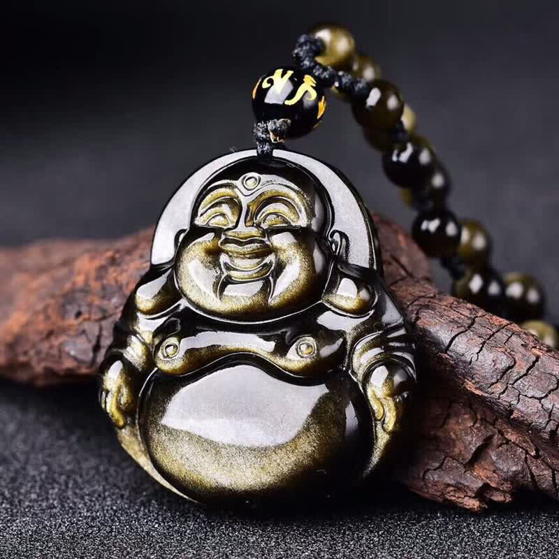 Nimara Ritual Laughing Buddha Gold Sheen Obsidian Wealth Necklace Pendant