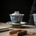 Nimara Ritual Vintage Blue And White Porcelain Peach Blossom Lotus Peony Ceramic Gaiwan Sancai Teacup Kung Fu Tea Cup And Saucer With Lid