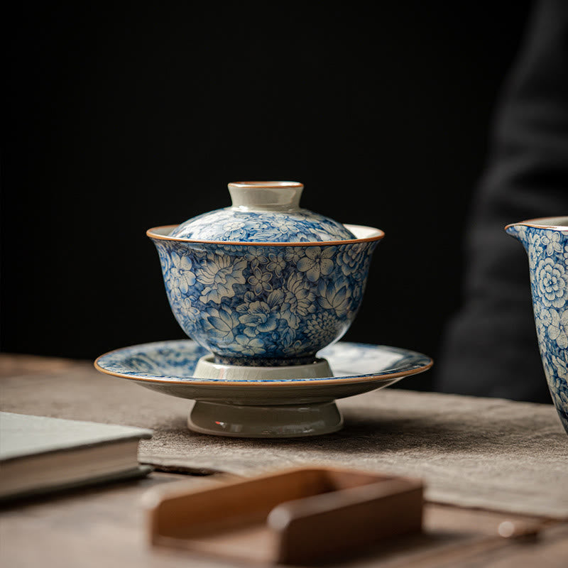 Nimara Ritual Vintage Blue And White Porcelain Peach Blossom Lotus Peony Ceramic Gaiwan Sancai Teacup Kung Fu Tea Cup And Saucer With Lid