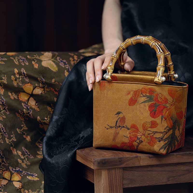 Nimara Ritual Yellow Bird Branches Green Peony Flower Bamboo Handles Handbag