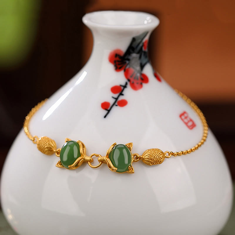 Nimara Ritual 925 Sterling Silver Natural Hetian White Jade Cyan Jade Lovely Fox Luck Bracelet