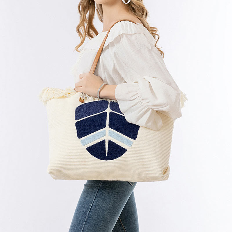 Nimara Ritual Large Capacity Evil Eye Leaf Hamsa Tassel Canvas Tote Shoulder Bag
