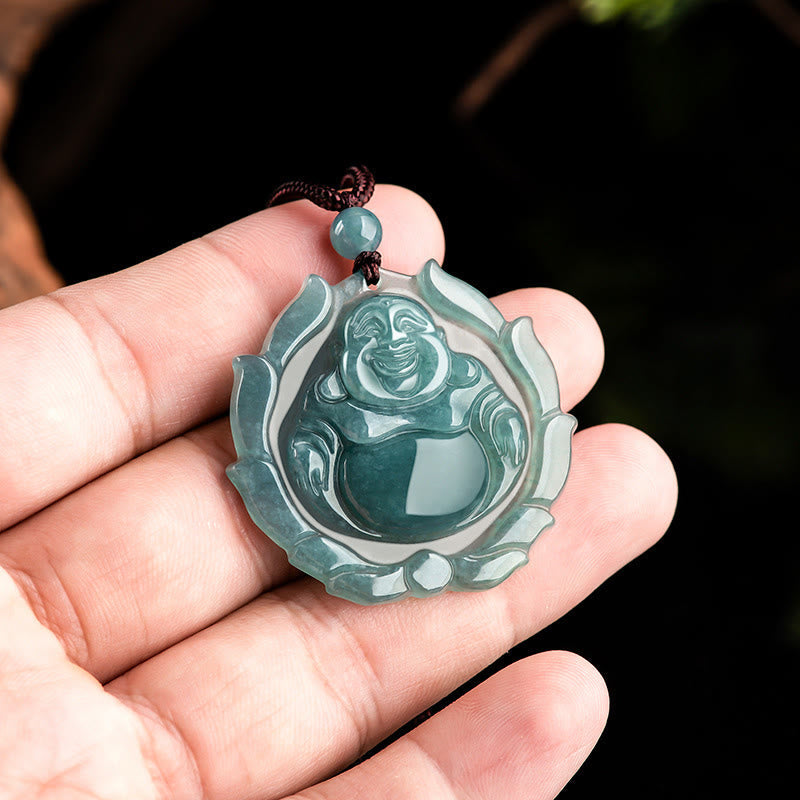 Nimara Ritual Natural Jade Laughing Buddha Lotus Pattern Luck Necklace Pendant