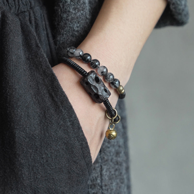 Nimara Ritual Black Rutilated Quartz Ebony Wood Copper Wisdom Couple Bracelet