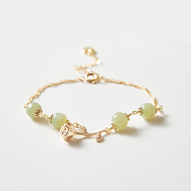 Nimara Ritual 14K Gold Plated Hetian Jade Golden Rose Flower Luck Chain Bracelet