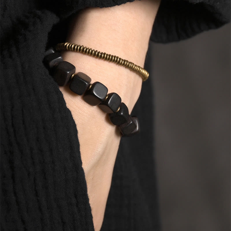 Nimara Ritual Tibetan Ebony Wood Copper Peace Double Wrap Bracelet