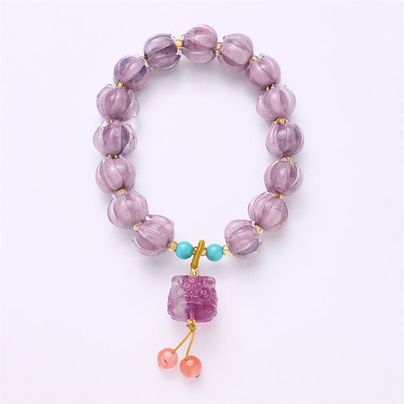 Nimara Ritual Liuli Glass Bead Lotus Design Fluorite Ivory Fruit Dancing Lion Charm Enlightenment Bracelet