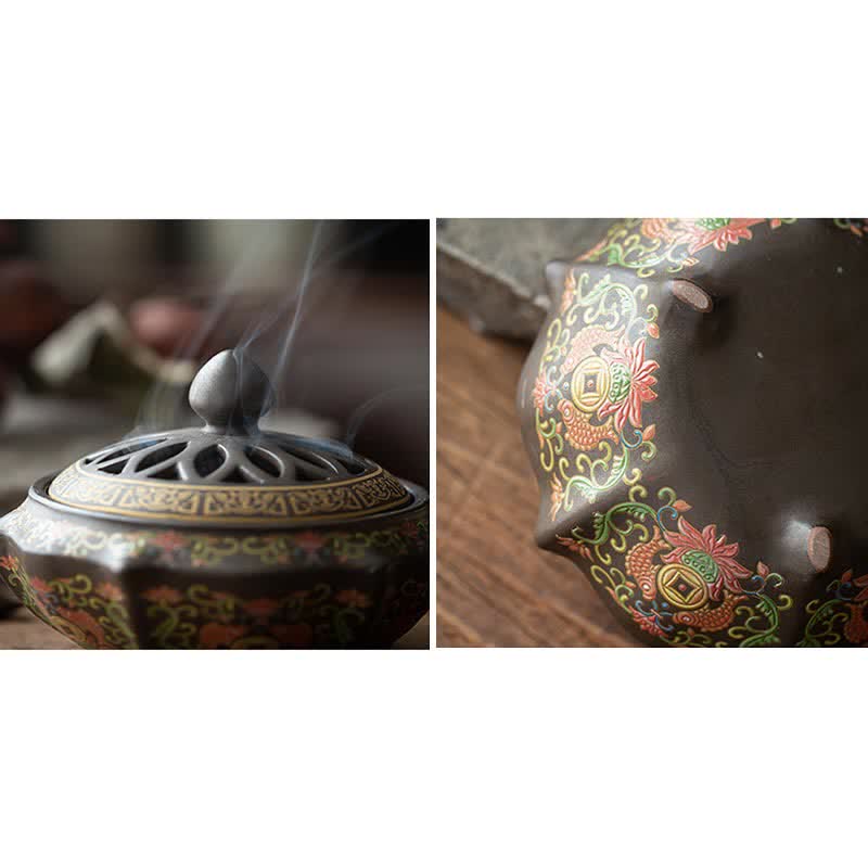 Nimara Ritual Tibetan Floral Pattern Ceramic Blessing Incense Burner Decoration
