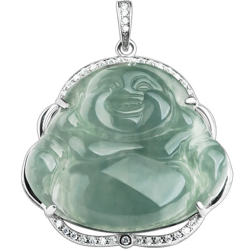 Nimara Ritual Laughing Buddha Natural Jade Luck Necklace Titanium Steel Chain Pendant