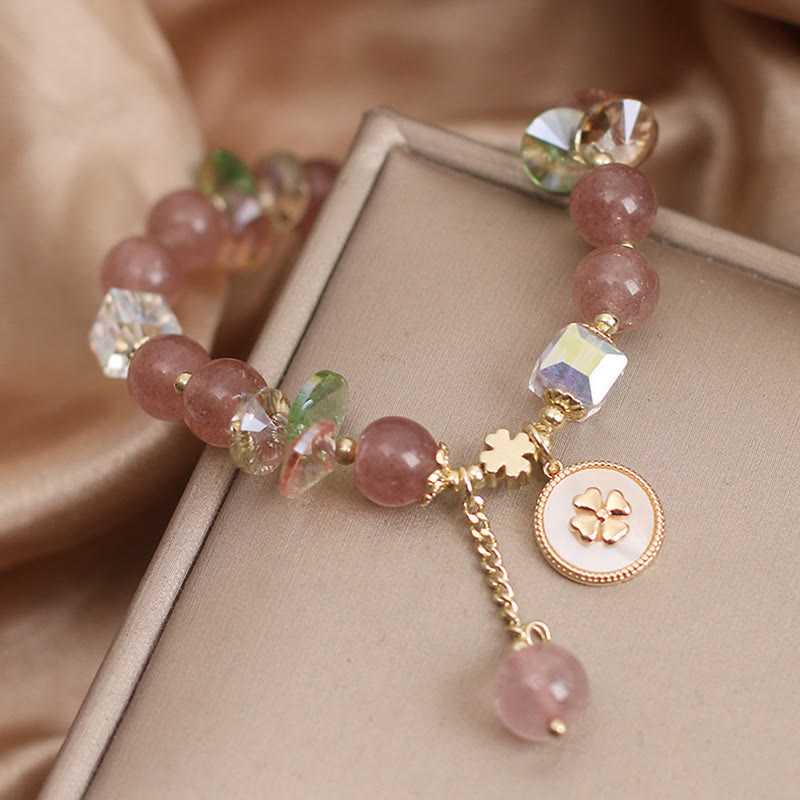 Nimara Ritual Strawberry Quartz Lucky Four Leaf Clover Healing Charm Bracelet