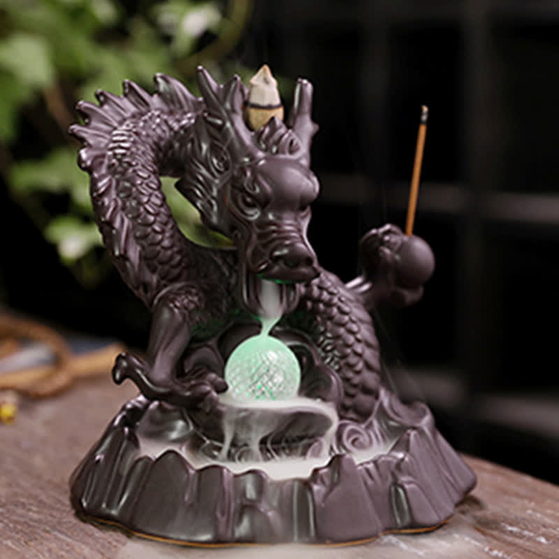 Nimara Ritual Auspicious Dragon Ceramic Backflow Smoke Fountain Meditation Healing Incense Burner Led Ball Decoration