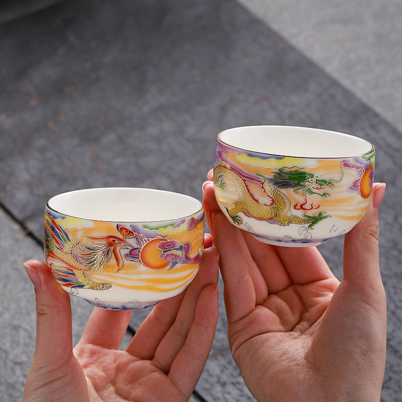 Nimara Ritual Dragon Phoenix Auspicious Clouds Sun Ocean Waves Ceramic Teacup Kung Fu Tea Cup
