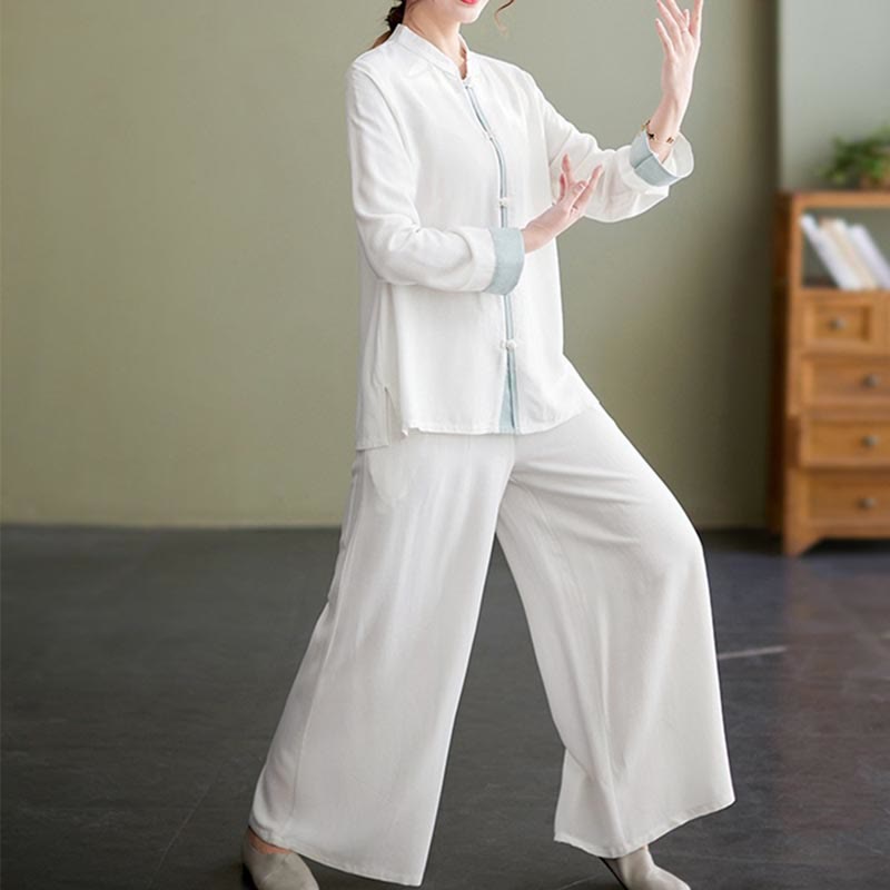 Nimara Ritual 2Pcs Tang Suit Long Sleeve Shirt Top Pants Meditation Zen Tai Chi Cotton Linen Clothing Women's Set