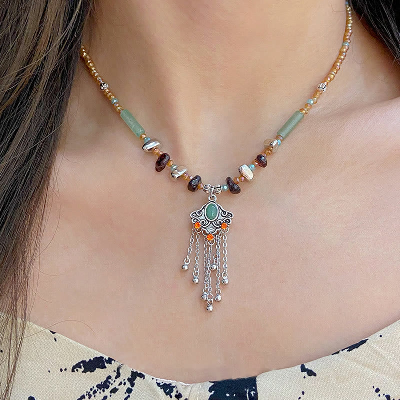 Nimara Ritual Tibetan Crystal Stone Copper Luck Tassel Necklace Pendant